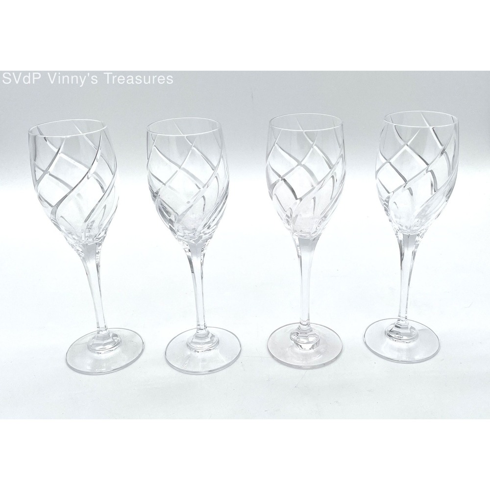 Vintage Crystal Wine Glasses Set of 4 Etched Cut Crystal Goblets 8.25" Stemware